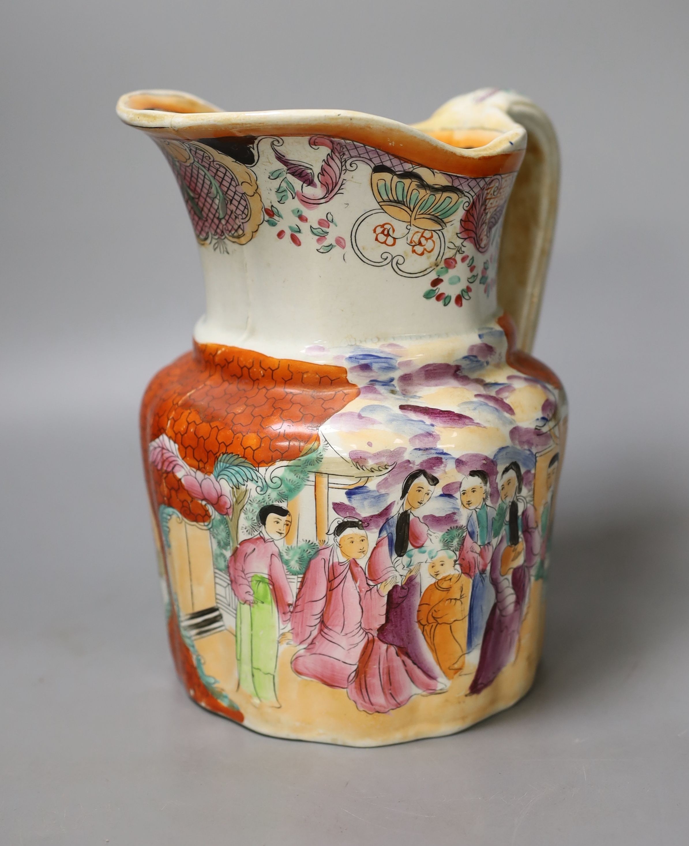A large Mason's Ironstone chinoiserie jug, c.1830, printed and enamelled, 23cm.